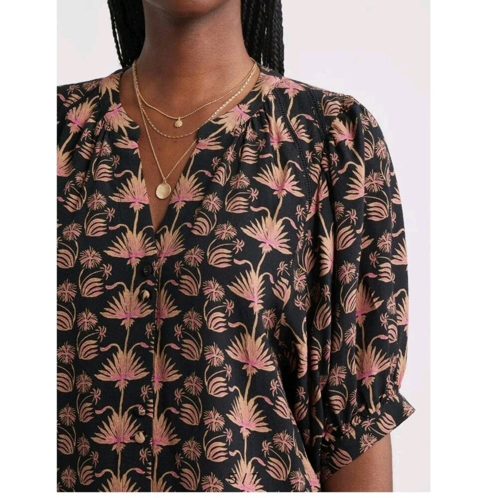 Treasure & Bond S Black Blush Floral Boho Blouse V Neck Button Top Resortwear